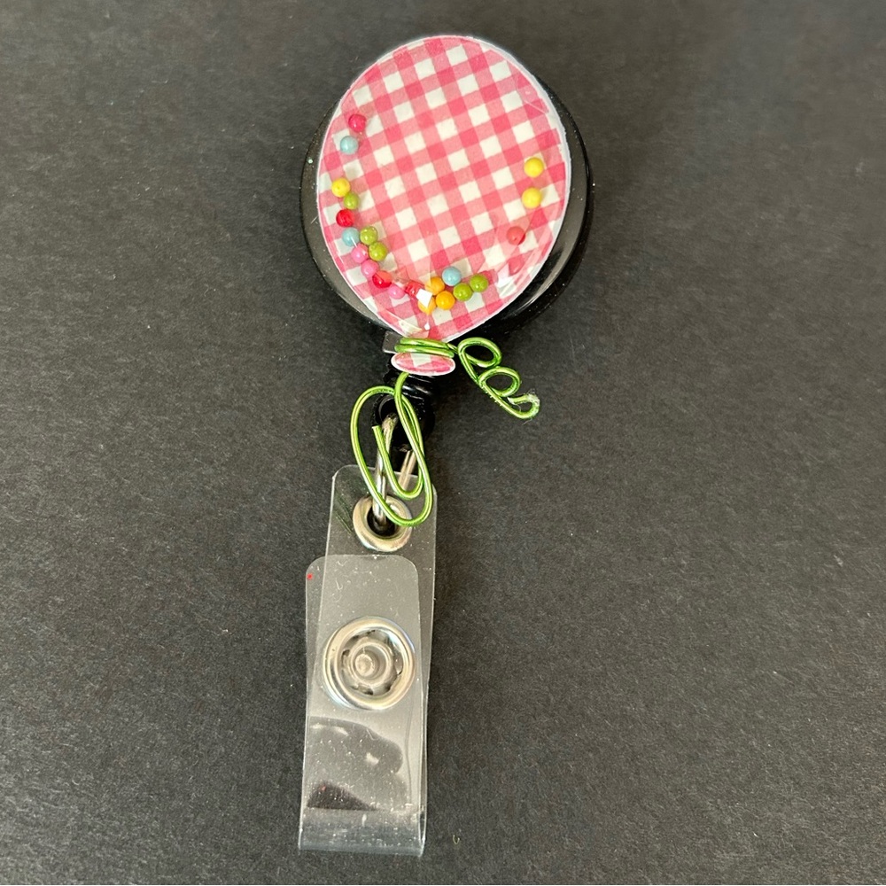 Pink White Balloon Retractable Reel Badge Holder Pediatric RN nurse kids fun